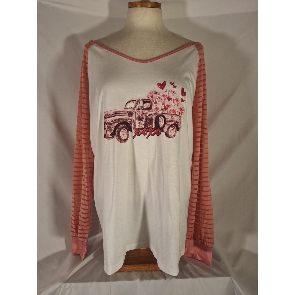 Womens 2XL Valentine's Day Truck Hearts Roses Long Sleeve Top‎ Shirt